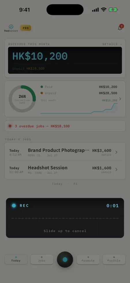 Freelantant home screen: this month’s income, overdue total and today’s jobs
