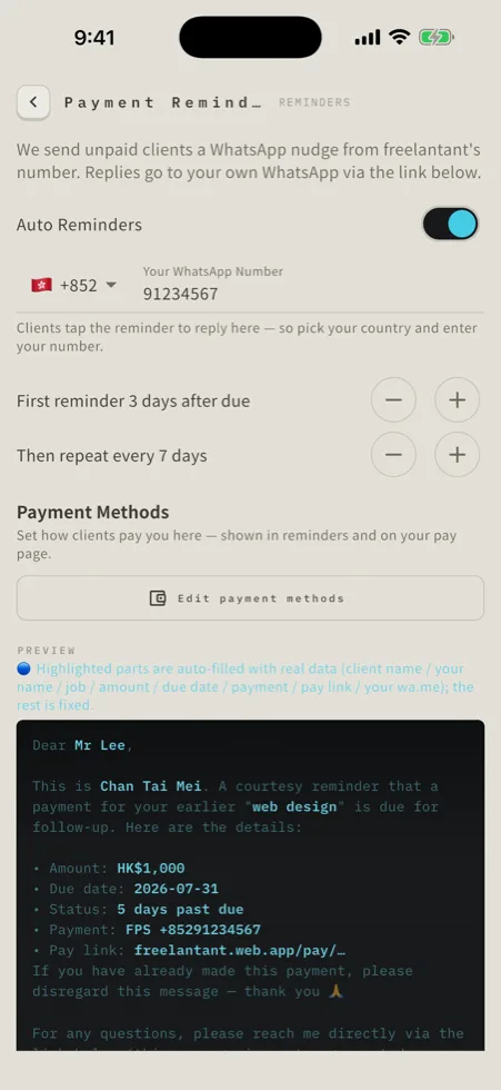Freelantant payment reminder settings with a preview of the WhatsApp message